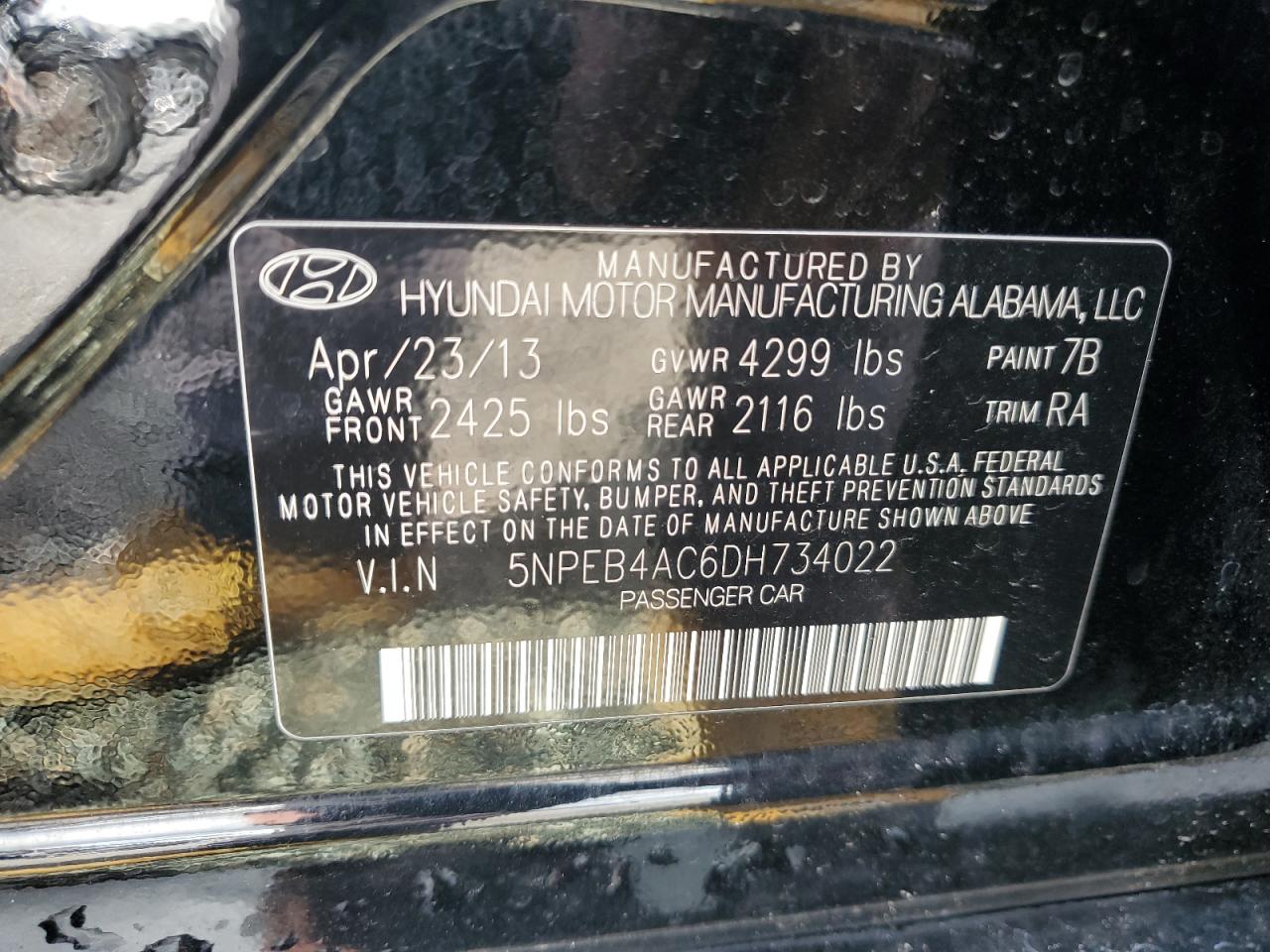 5NPEB4AC6DH734022 2013 Hyundai Sonata Gls