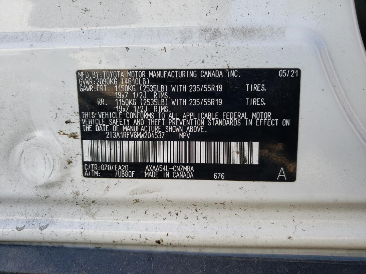 2T3A1RFV6MW204537 2021 Toyota Rav4 Xle Premium