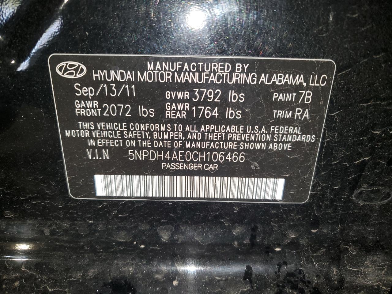 5NPDH4AE0CH106466 2012 Hyundai Elantra Gls