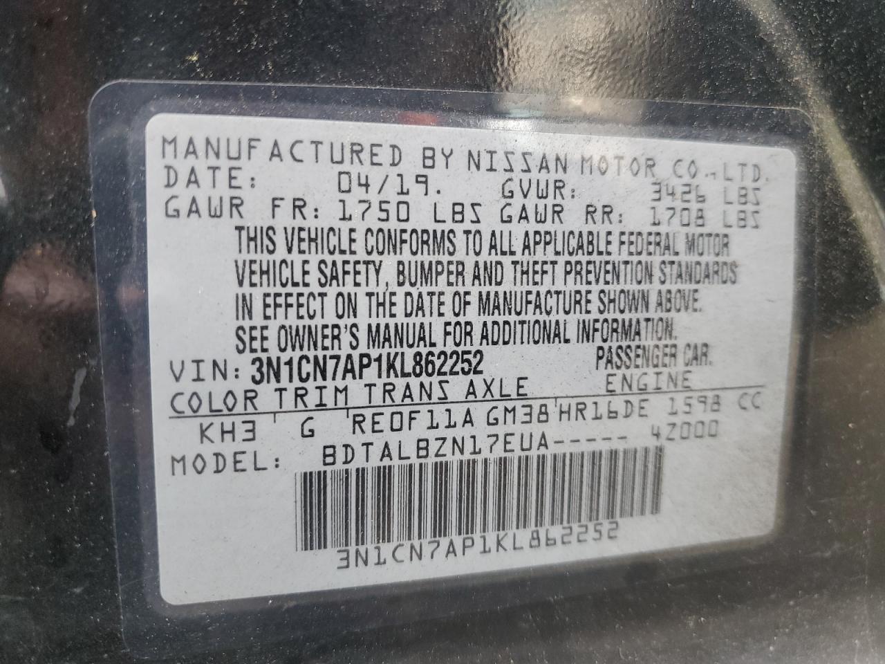 3N1CN7AP1KL862252 2019 Nissan Versa S