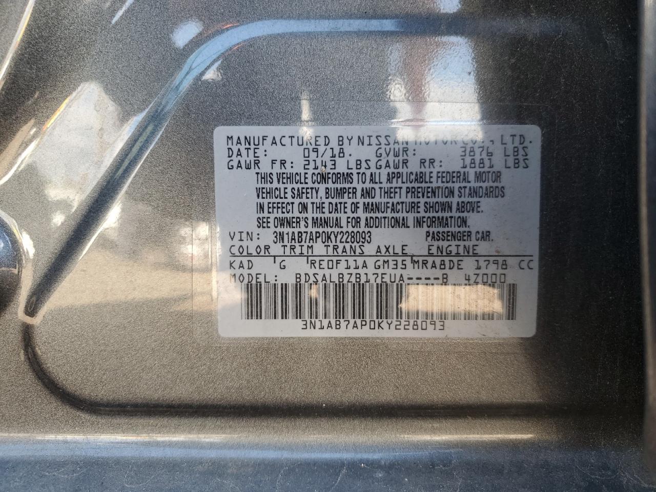 3N1AB7AP0KY228093 2019 Nissan Sentra S