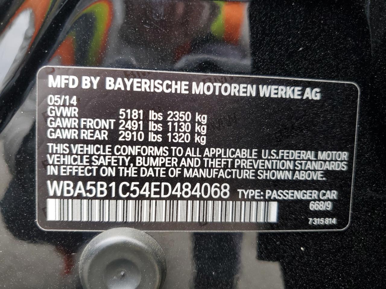 2014 BMW 535 I VIN: WBA5B1C54ED484068 Lot: 76195934