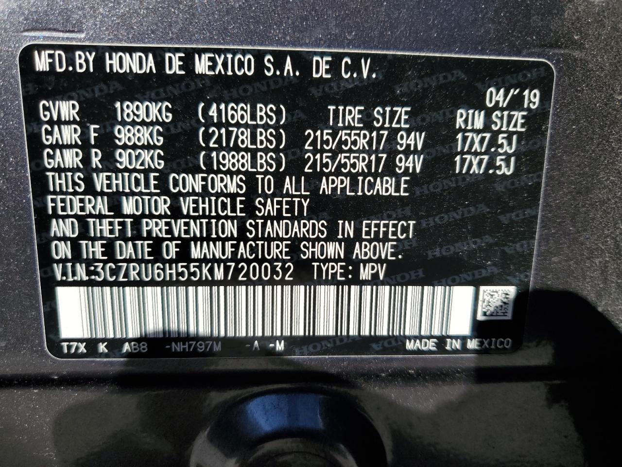 3CZRU6H55KM720032 2019 Honda Hr-V Ex