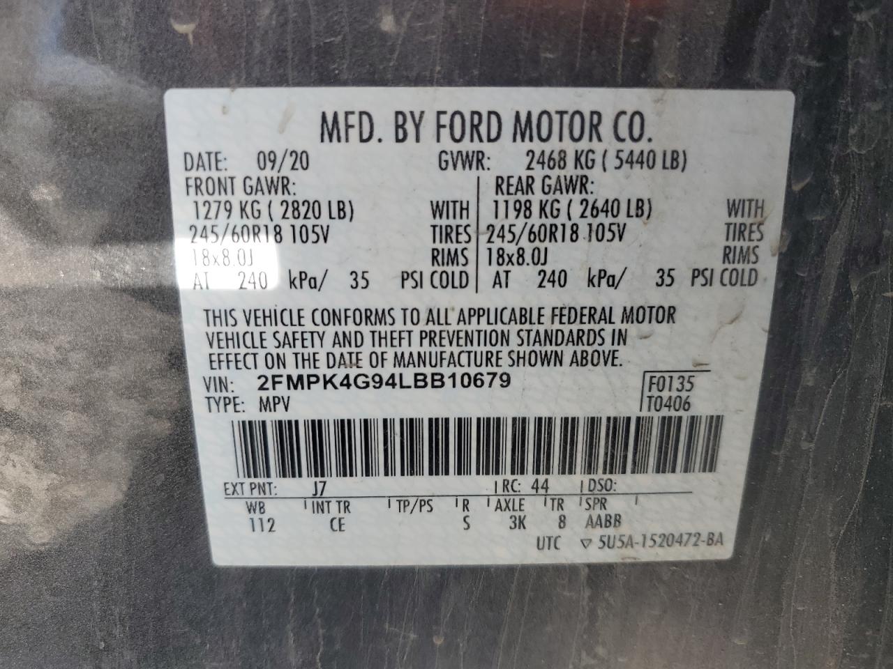 2020 Ford Edge Se VIN: 2FMPK4G94LBB10679 Lot: 77757824