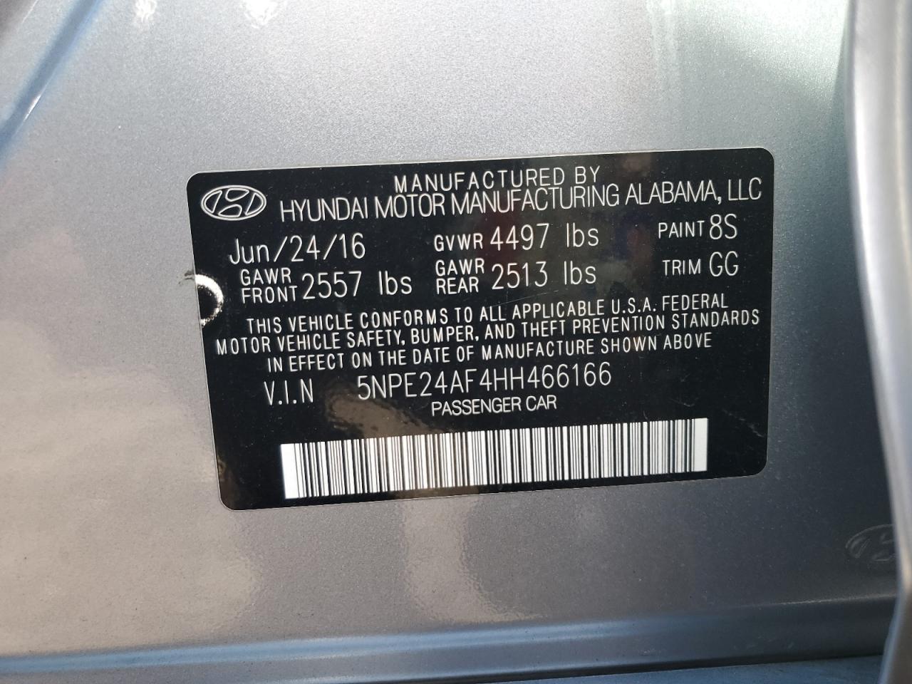 2017 Hyundai Sonata Se VIN: 5NPE24AF4HH466166 Lot: 76255394