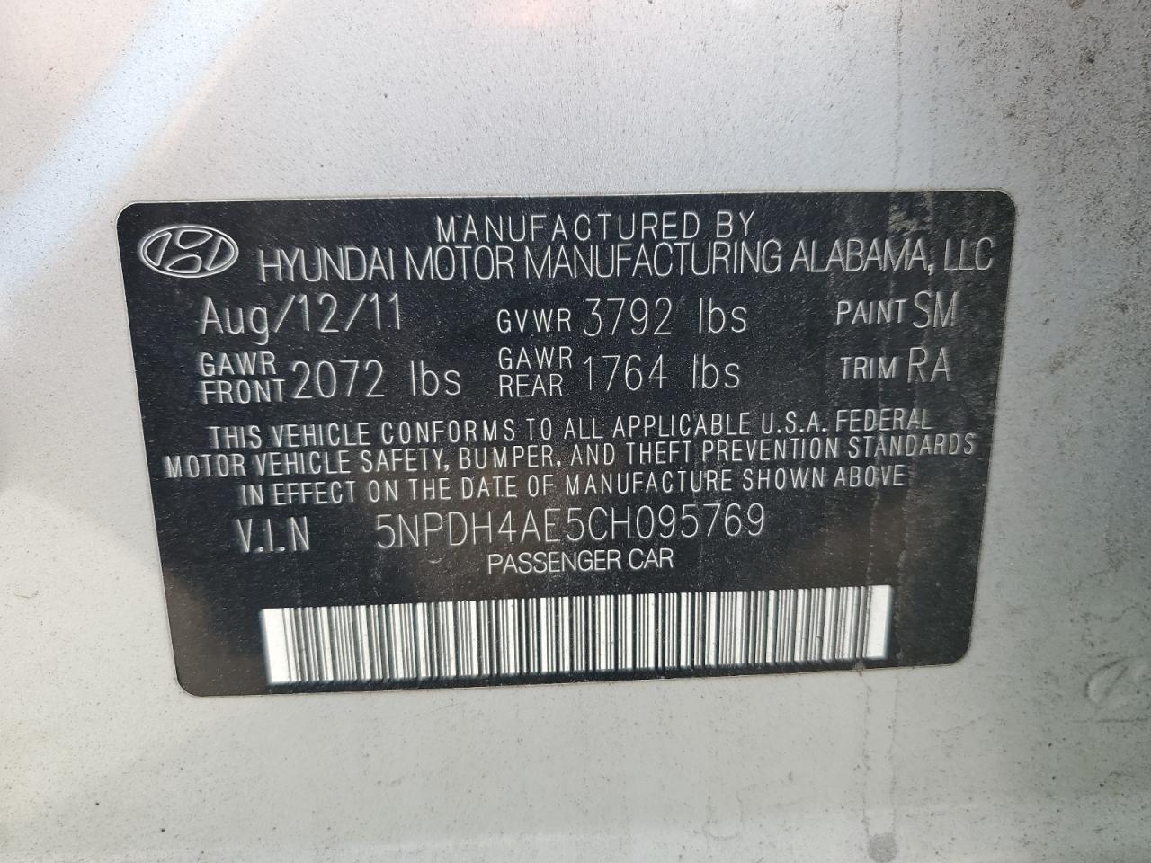 5NPDH4AE5CH095769 2012 Hyundai Elantra Gls