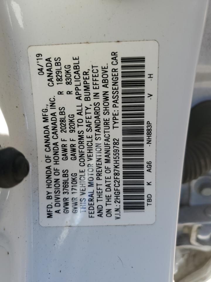 2HGFC2F87KH559782 2019 Honda Civic Sport