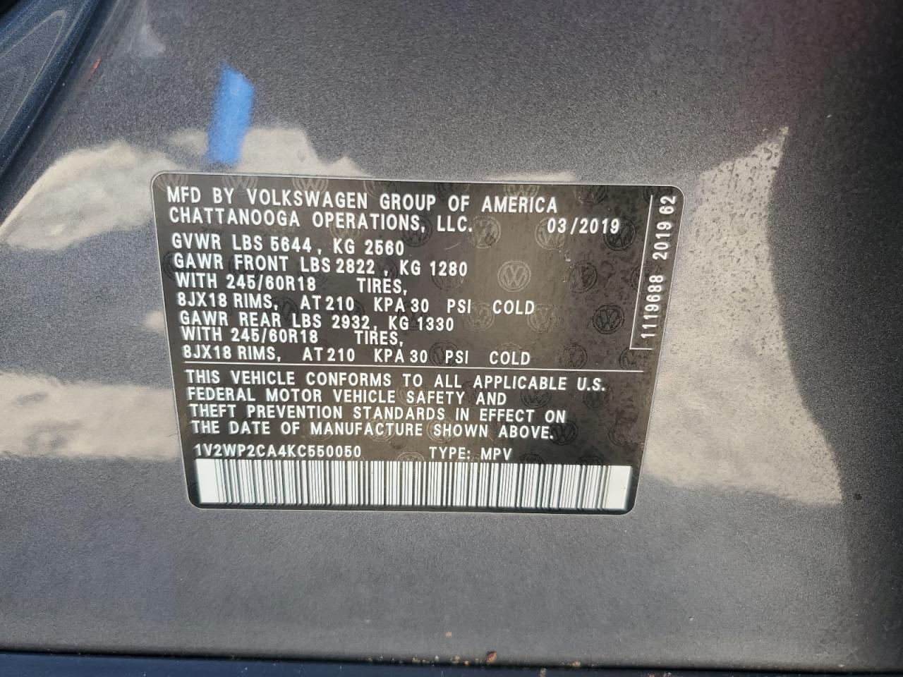 2019 Volkswagen Atlas Se VIN: 1V2WP2CA4KC550050 Lot: 76320994