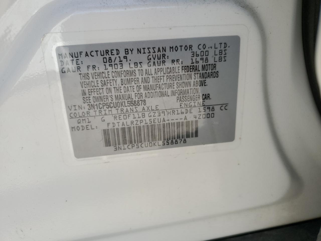 2019 Nissan Kicks S VIN: 3N1CP5CU0KL558878 Lot: 65381615