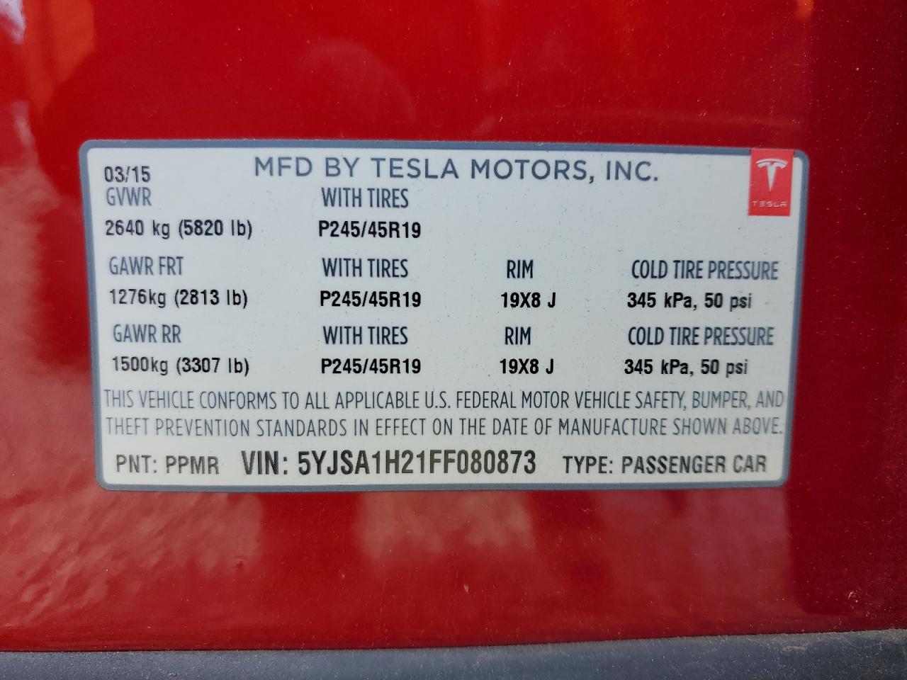 2015 Tesla Model S 85D VIN: 5YJSA1H21FF080873 Lot: 74510474