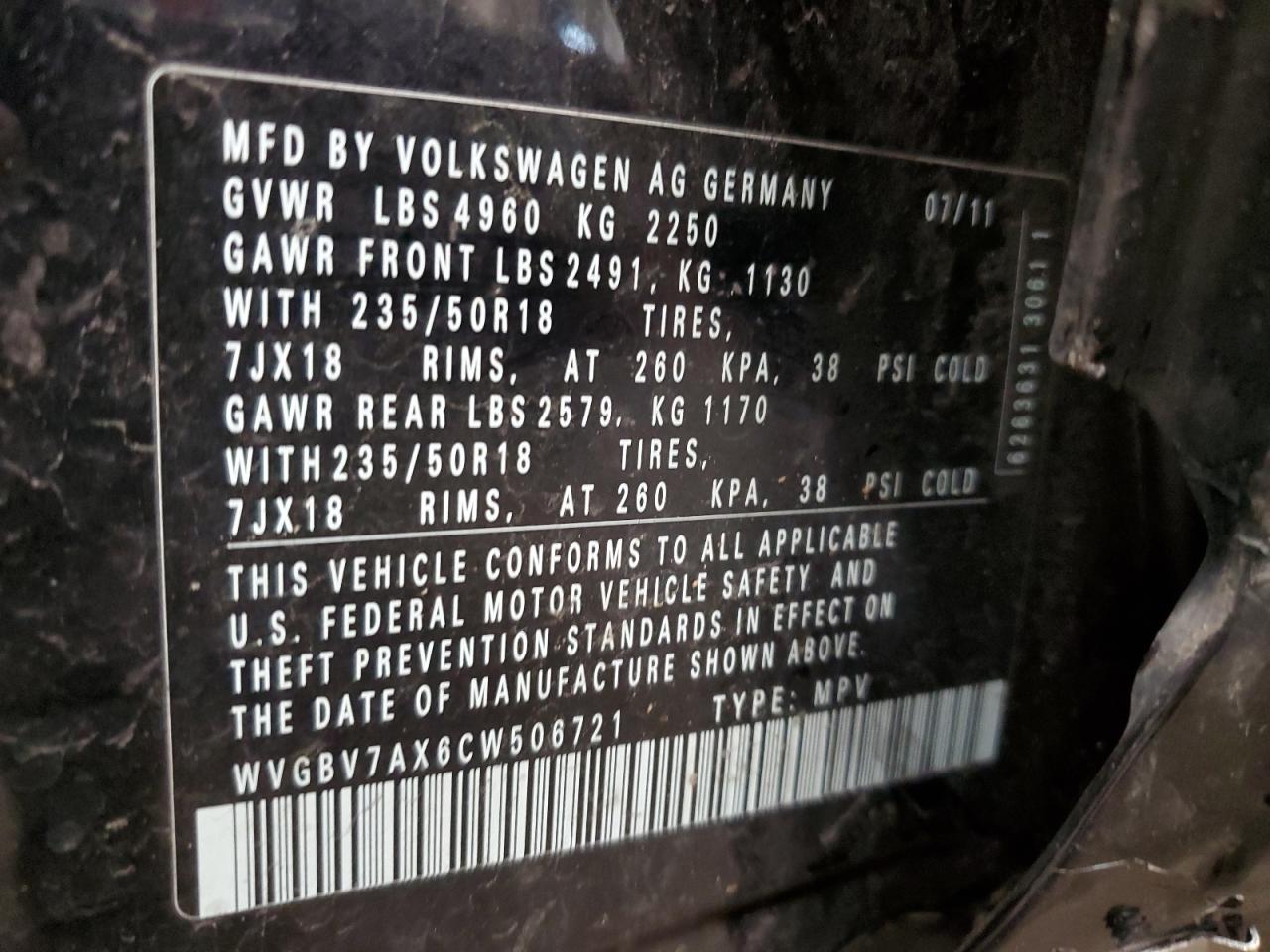 WVGBV7AX6CW506721 2012 Volkswagen Tiguan S