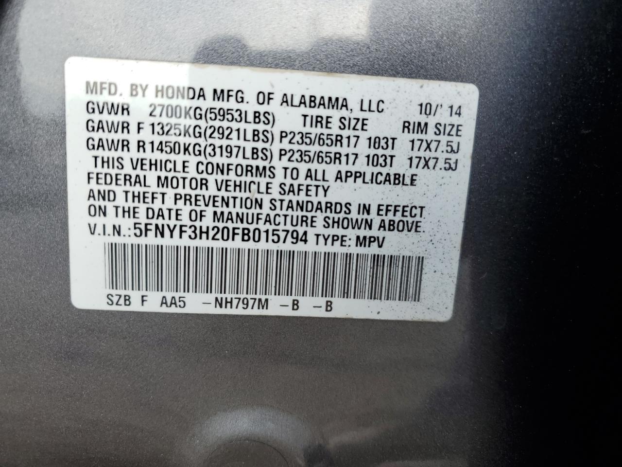 5FNYF3H20FB015794 2015 Honda Pilot Lx