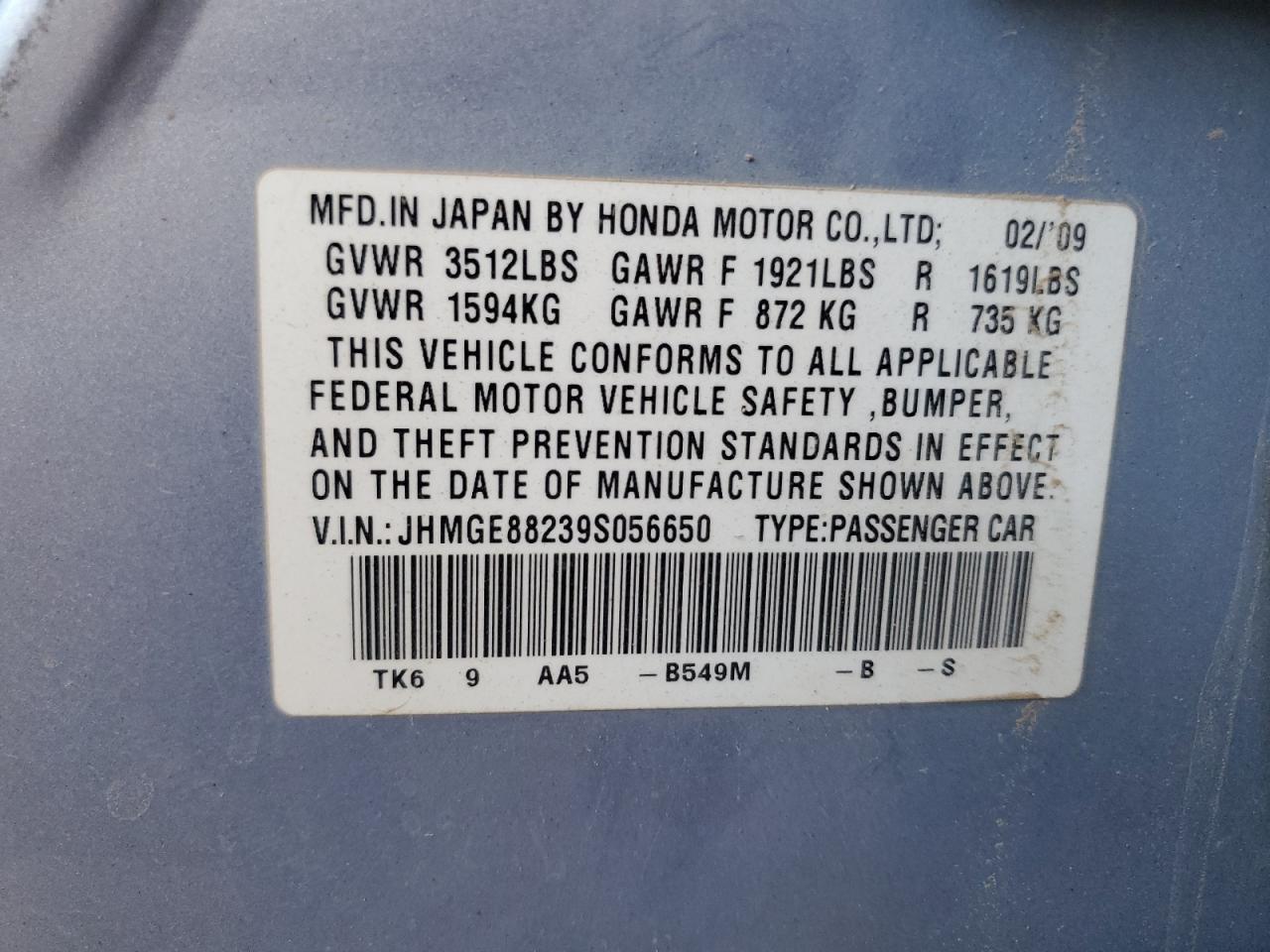 JHMGE88239S056650 2009 Honda Fit