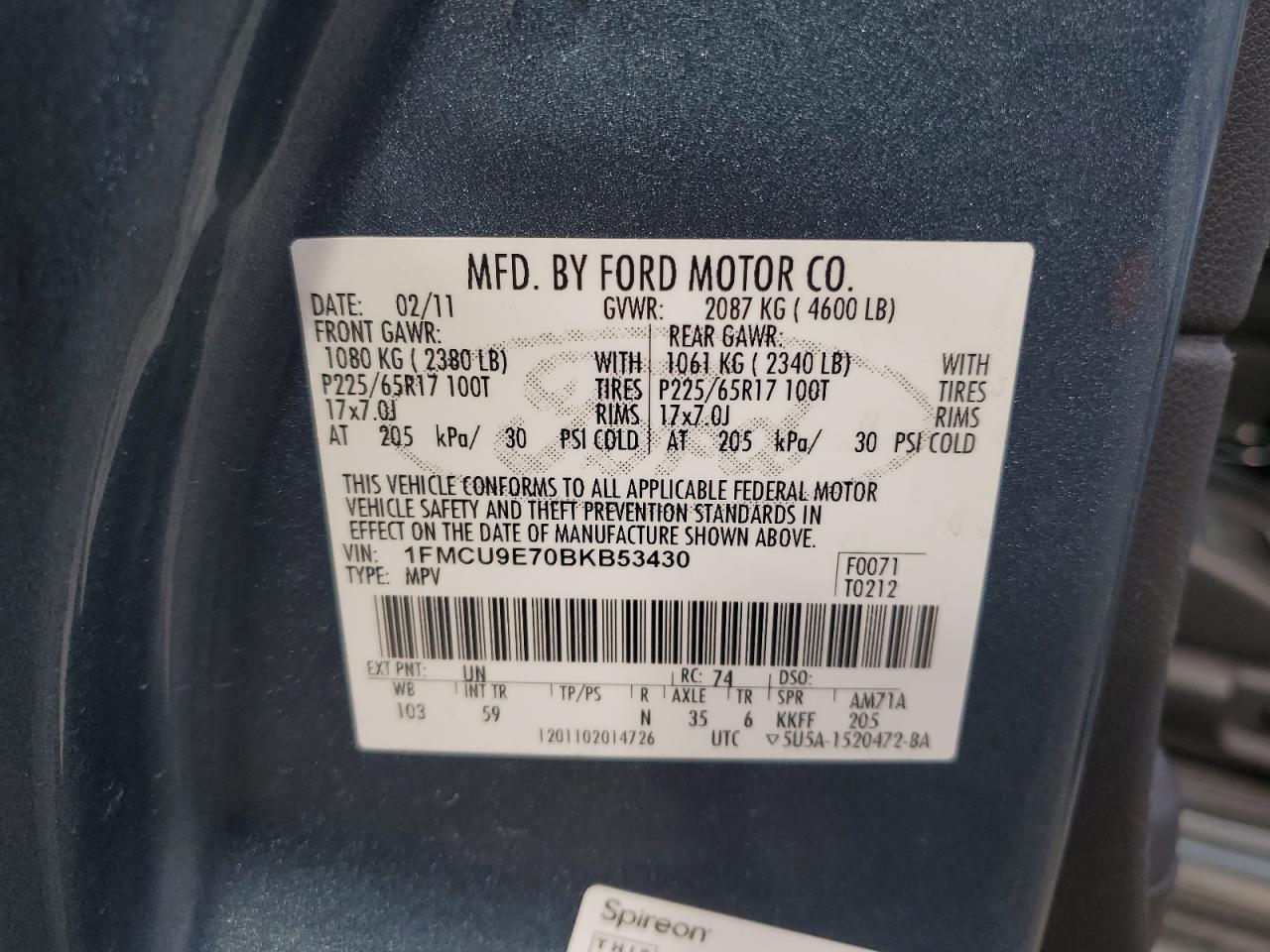 2011 Ford Escape Limited VIN: 1FMCU9E70BKB53430 Lot: 78007914