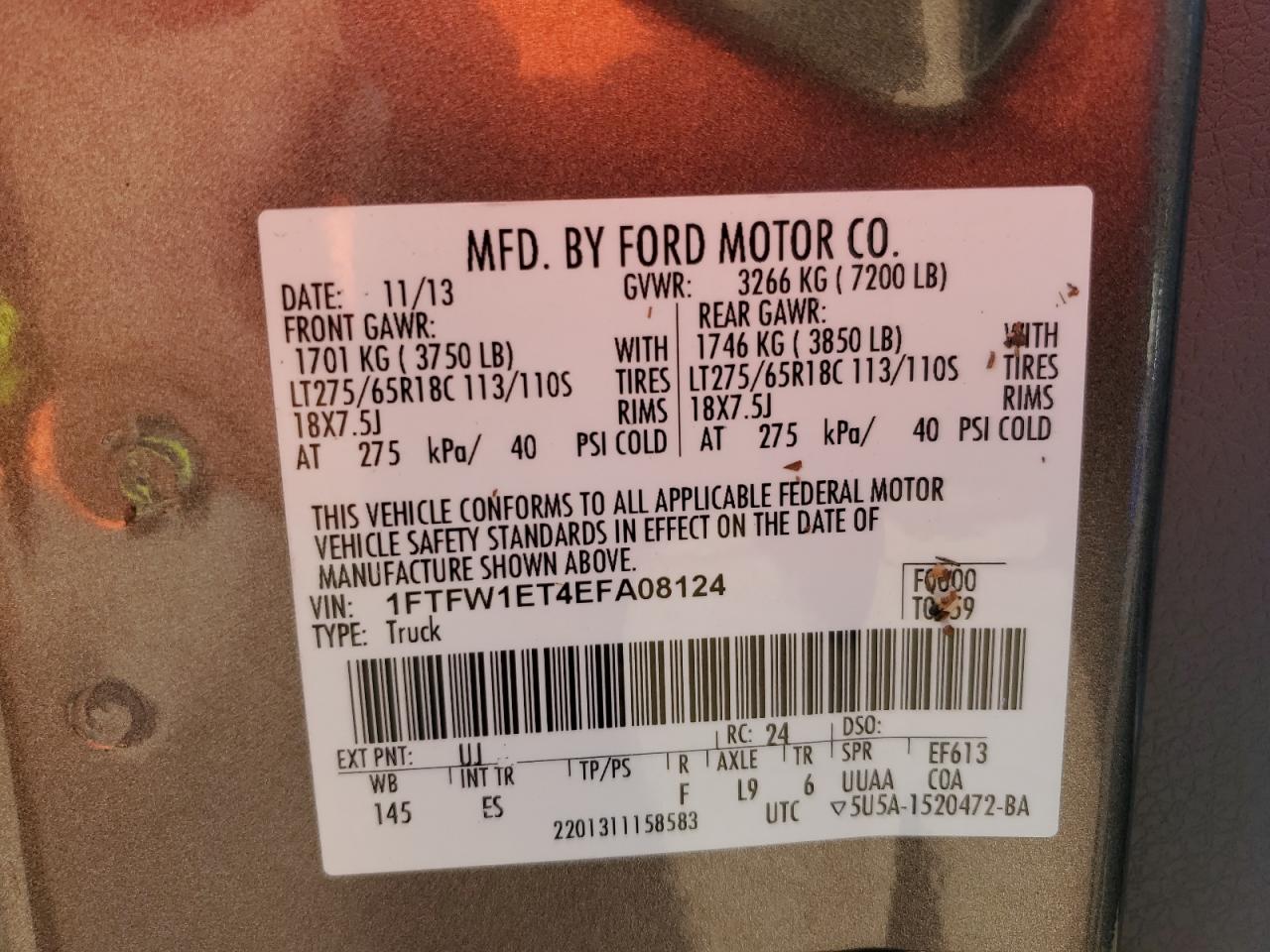 2014 Ford F150 Supercrew VIN: 1FTFW1ET4EFA08124 Lot: 74029794