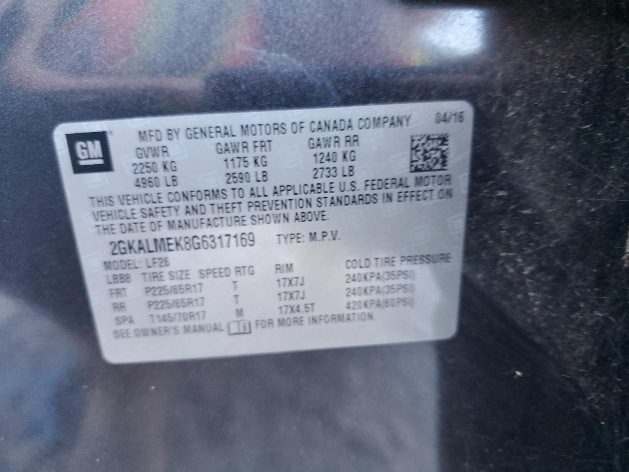 2GKALMEK8G6317169 2016 GMC Terrain Sle