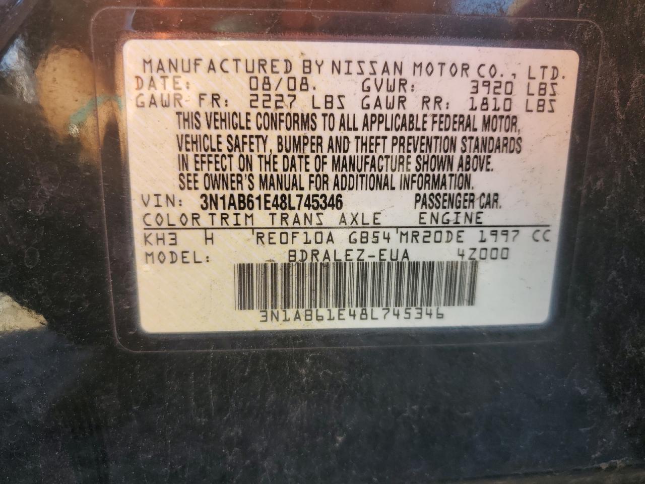 3N1AB61E48L745346 2008 Nissan Sentra 2.0