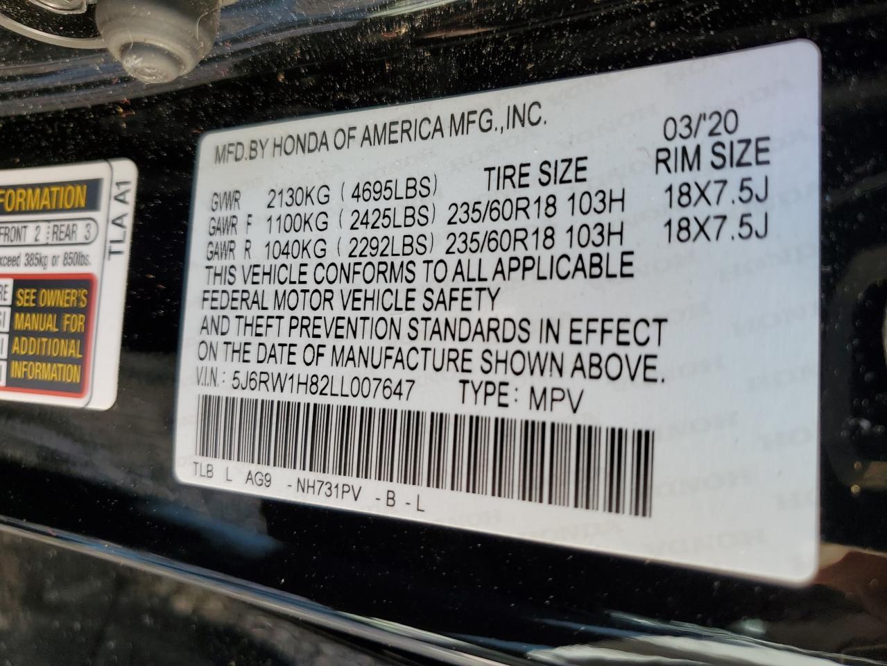 2020 Honda Cr-V Exl VIN: 5J6RW1H82LL007647 Lot: 75126254