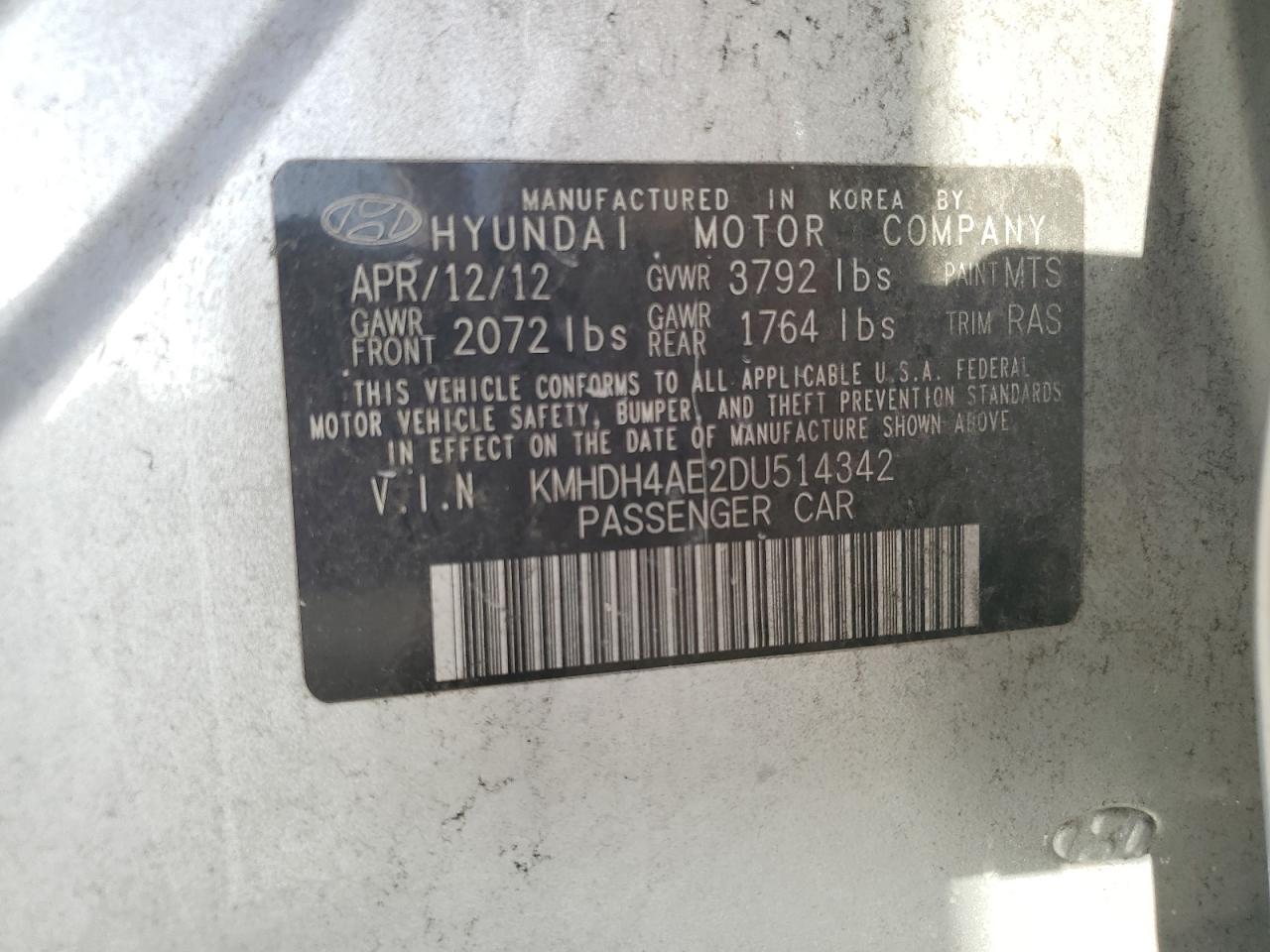 2013 Hyundai Elantra Gls VIN: KMHDH4AE2DU514342 Lot: 78230484