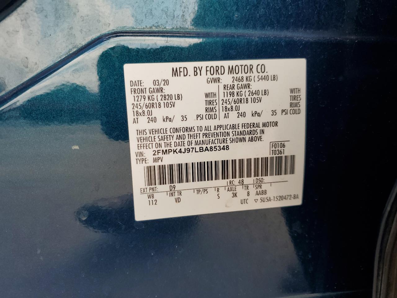 2020 Ford Edge Sel VIN: 2FMPK4J97LBA85348 Lot: 78182944