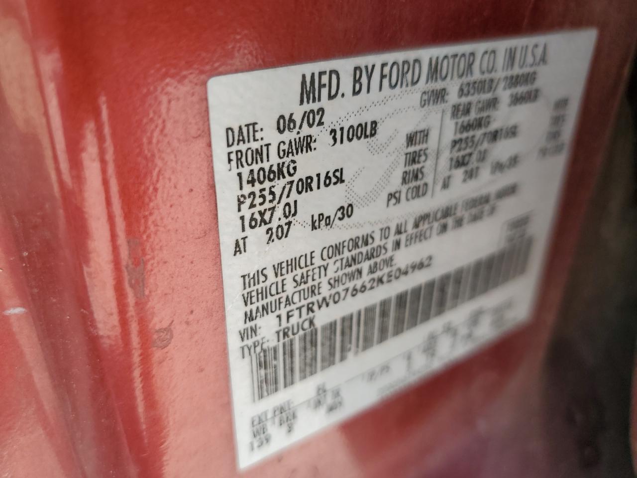 2002 Ford F150 Supercrew VIN: 1FTRW07662KE04962 Lot: 74040074