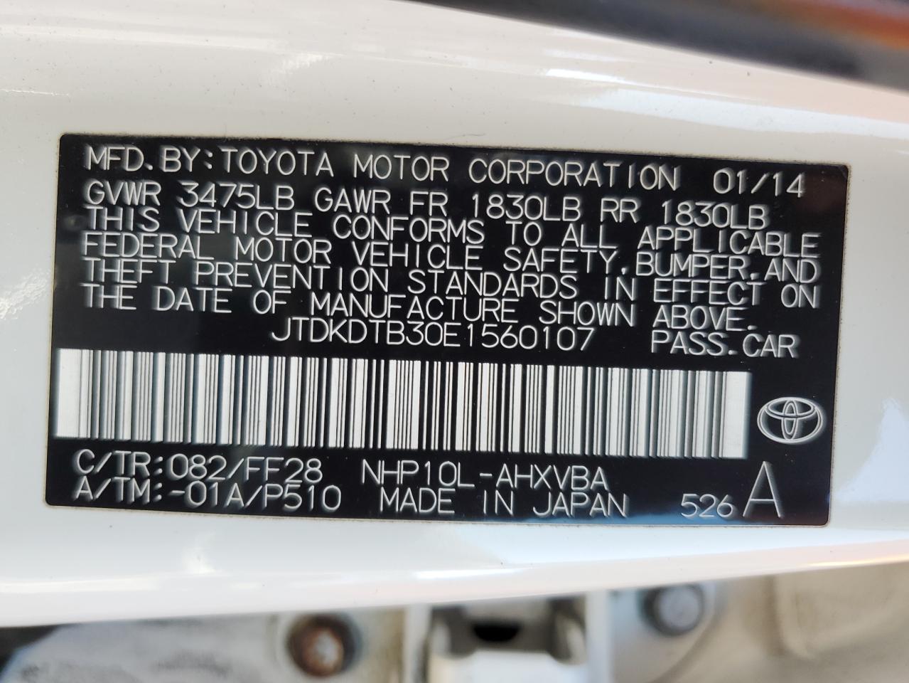 2014 Toyota Prius C VIN: JTDKDTB30E1560107 Lot: 76780094