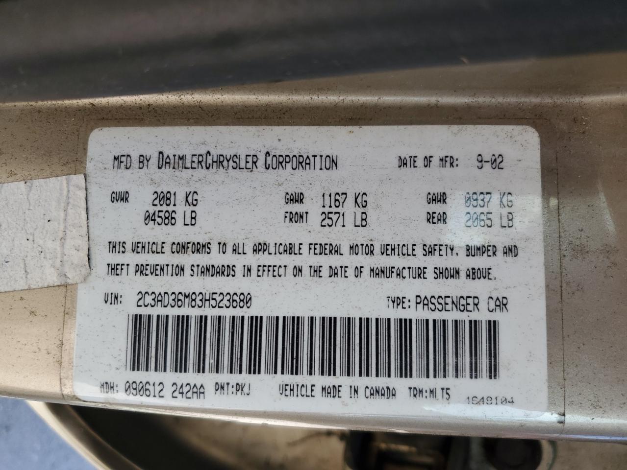 2003 Chrysler Concorde Lxi VIN: 2C3AD36M83H523680 Lot: 75079884