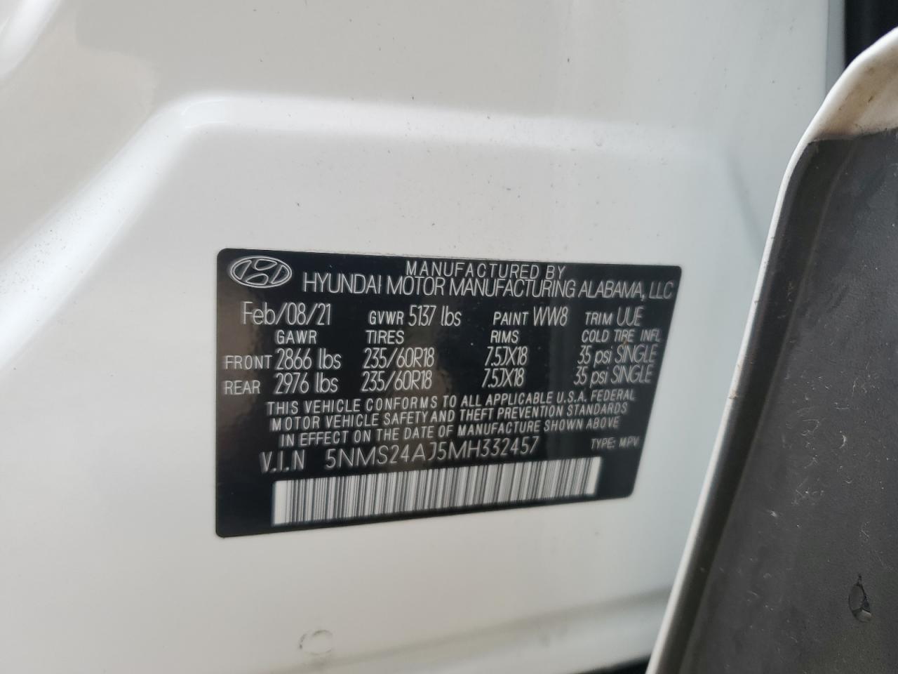 2021 Hyundai Santa Fe Sel VIN: 5NMS24AJ5MH332457 Lot: 74380644