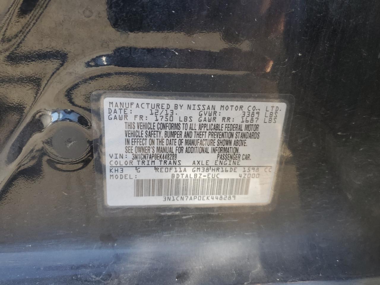 VIN 3N1CN7AP0EK448289 2014 NISSAN VERSA no.12