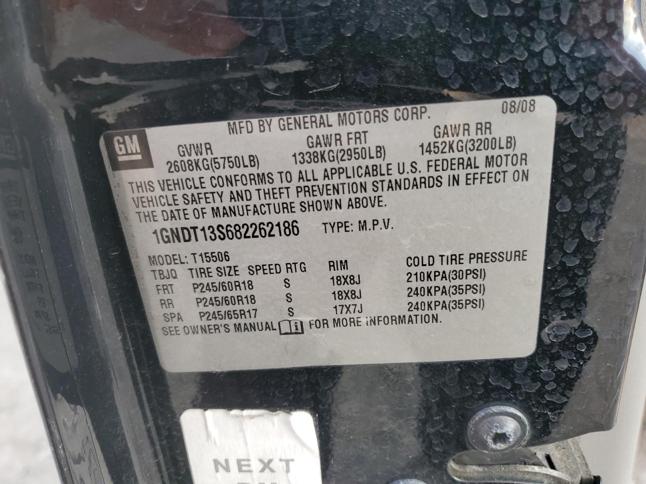 2008 Chevrolet Trailblazer Ls VIN: 1GNDT13S682262186 Lot: 77271864