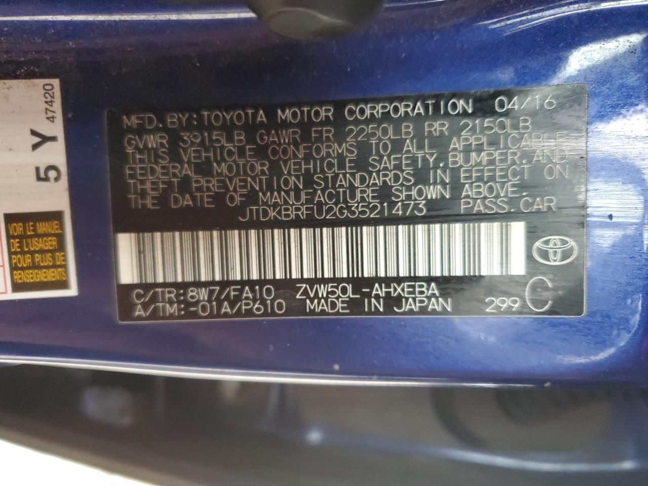 JTDKBRFU2G3521473 2016 Toyota Prius