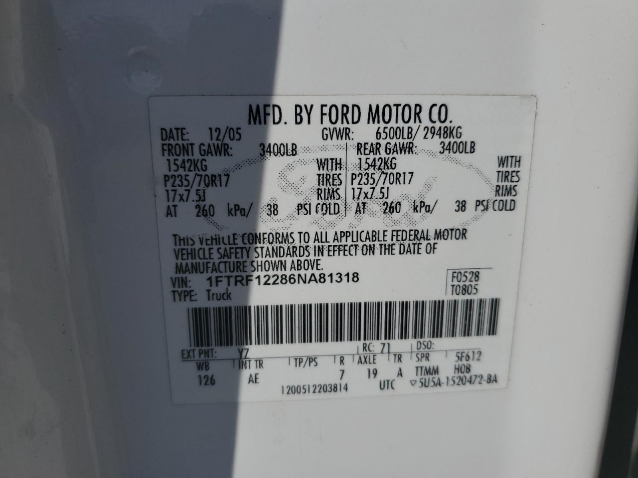 2006 Ford F150 VIN: 1FTRF12286NA81318 Lot: 74624744