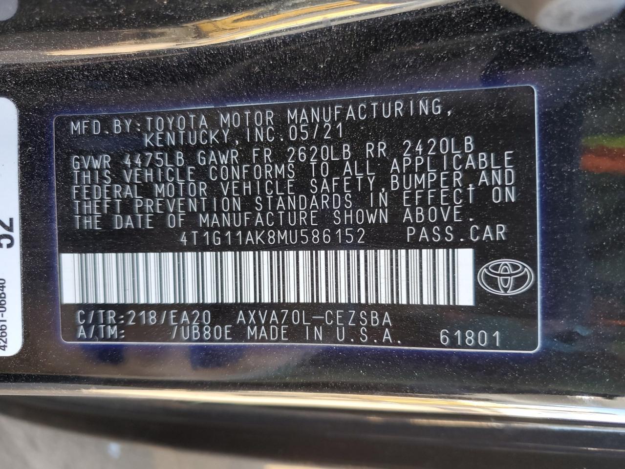 2021 Toyota Camry Se VIN: 4T1G11AK8MU586152 Lot: 73330104