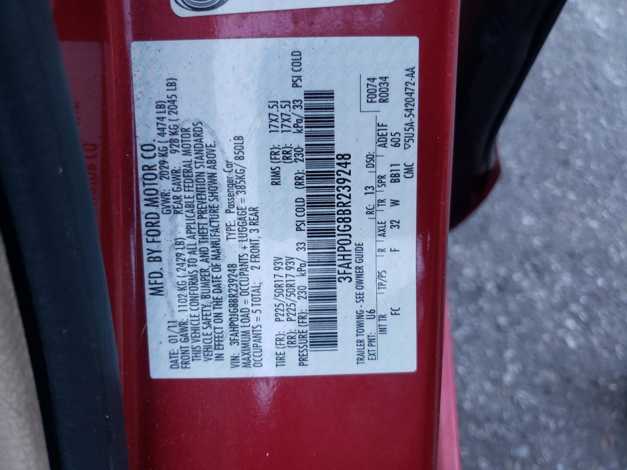 2011 Ford Fusion Sel VIN: 3FAHP0JG8BR239248 Lot: 49605385