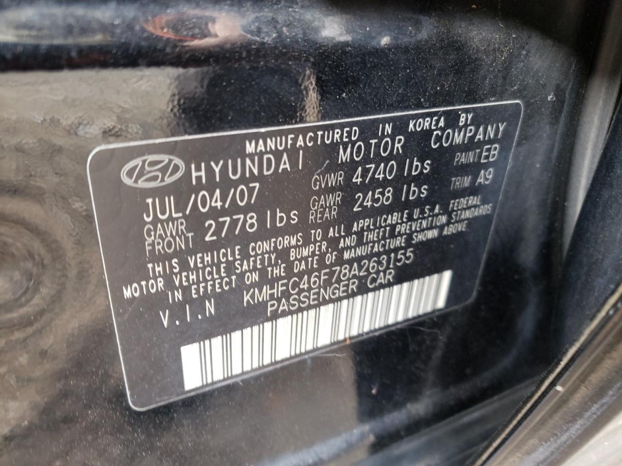 2008 Hyundai Azera Se VIN: KMHFC46F78A263155 Lot: 75874974