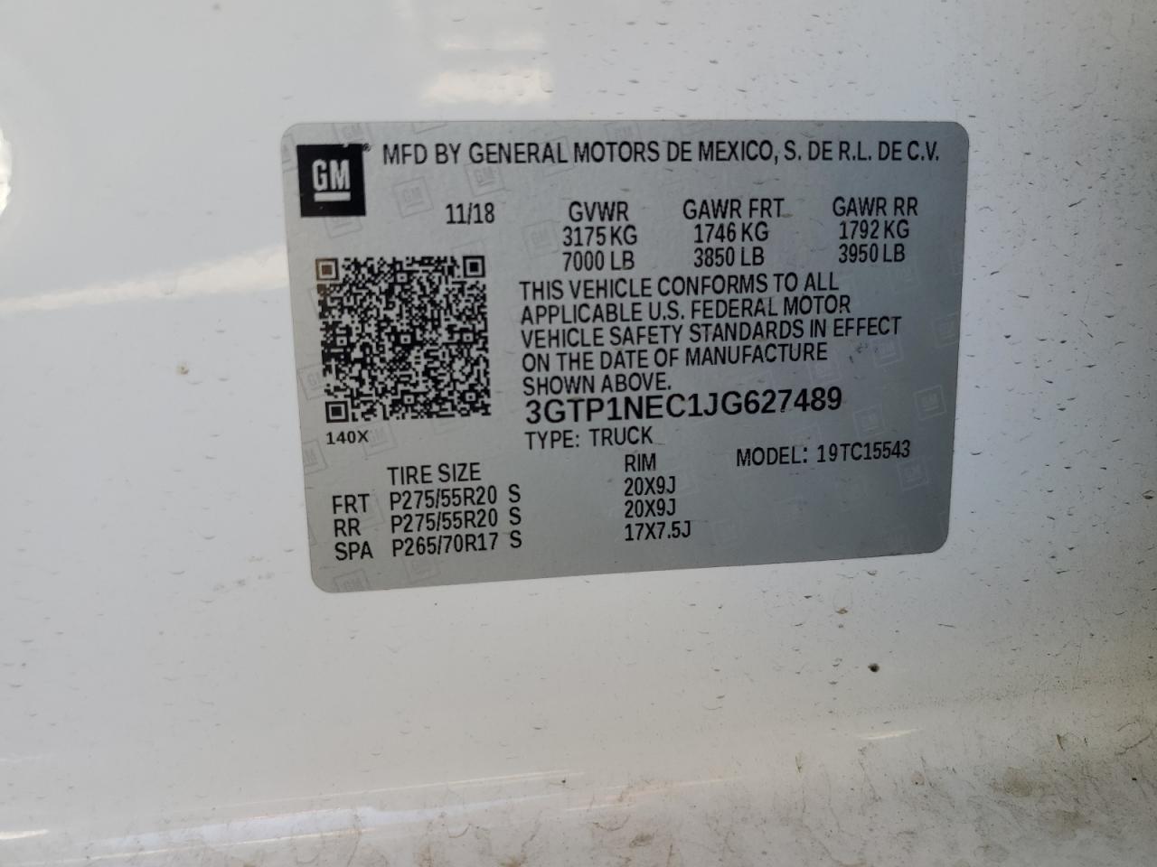 3GTP1NEC1JG627489 2018 GMC Sierra C1500 Slt