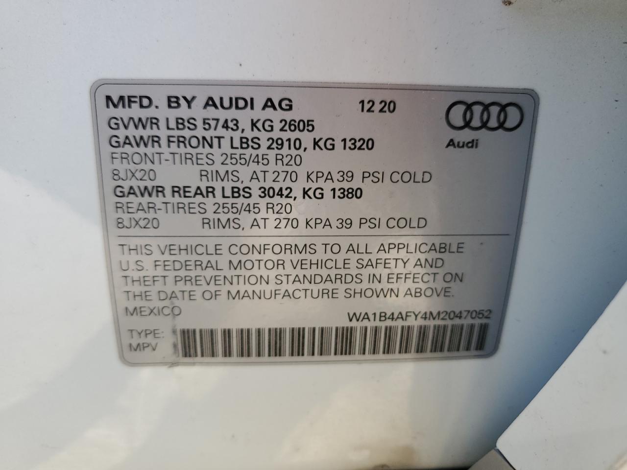 2021 Audi Sq5 Premium Plus VIN: WA1B4AFY4M2047052 Lot: 78145574