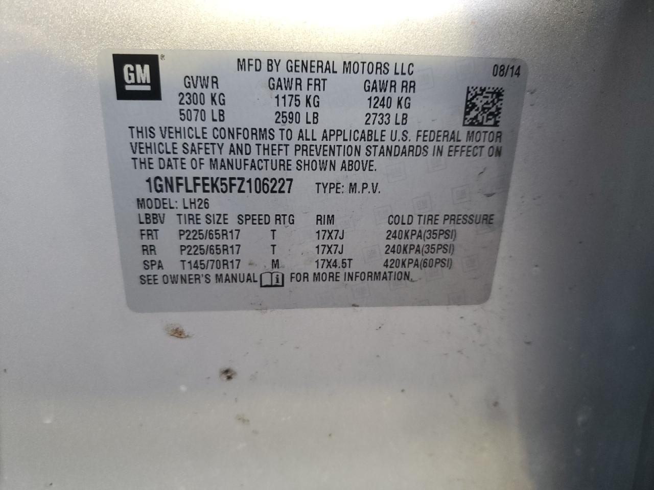 1GNFLFEK5FZ106227 2015 Chevrolet Equinox Lt