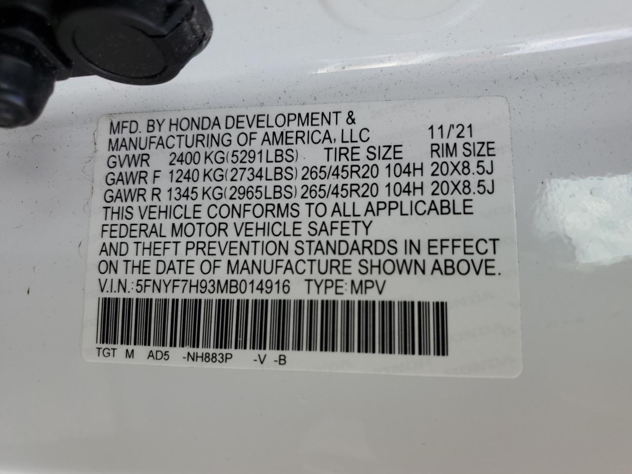 2021 Honda Passport Touring VIN: 5FNYF7H93MB014916 Lot: 75050454