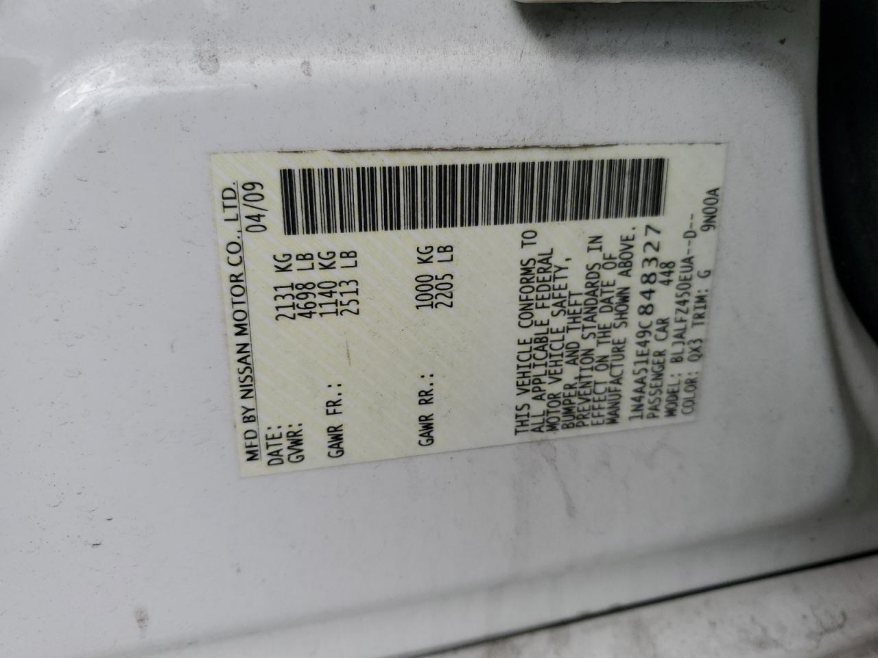 1N4AA51E49C848327 2009 Nissan Maxima S