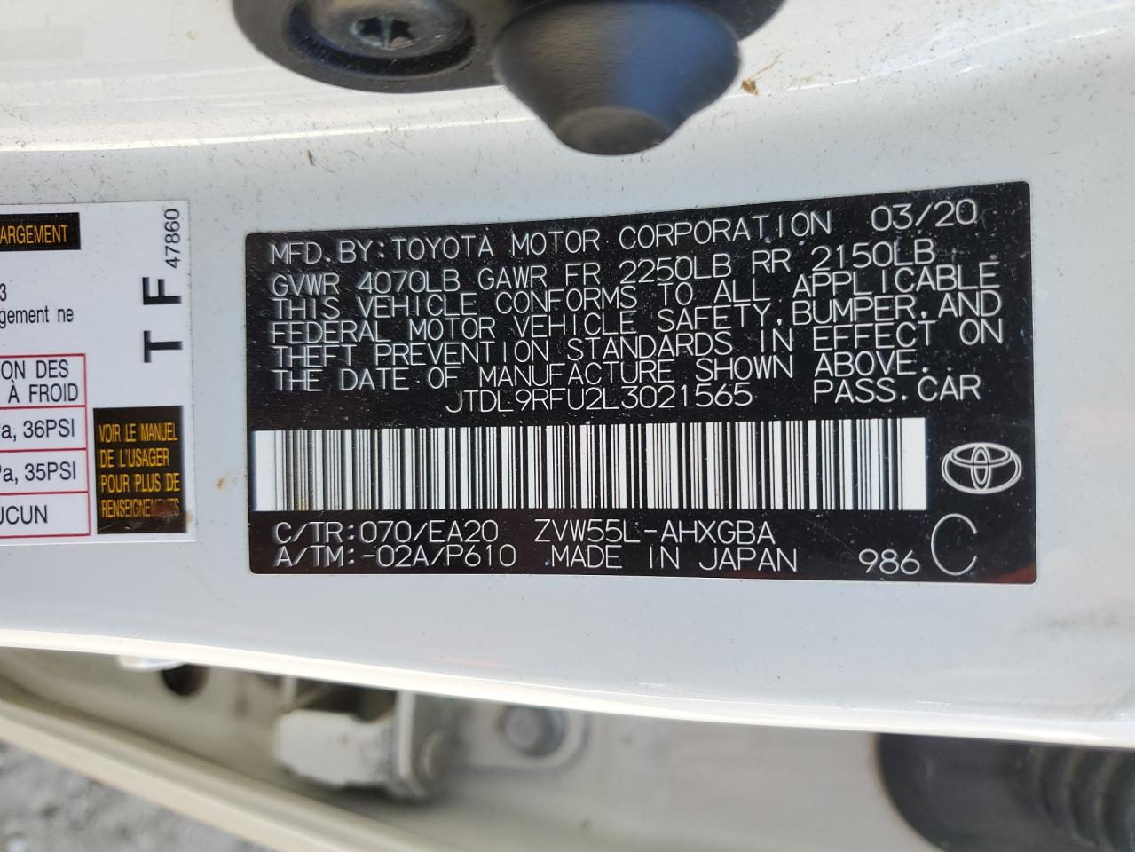 JTDL9RFU2L3021565 2020 Toyota Prius Le