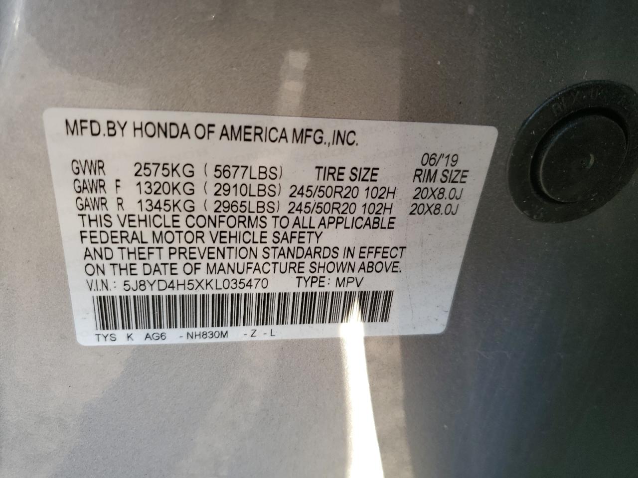 5J8YD4H5XKL035470 2019 Acura Mdx Technology