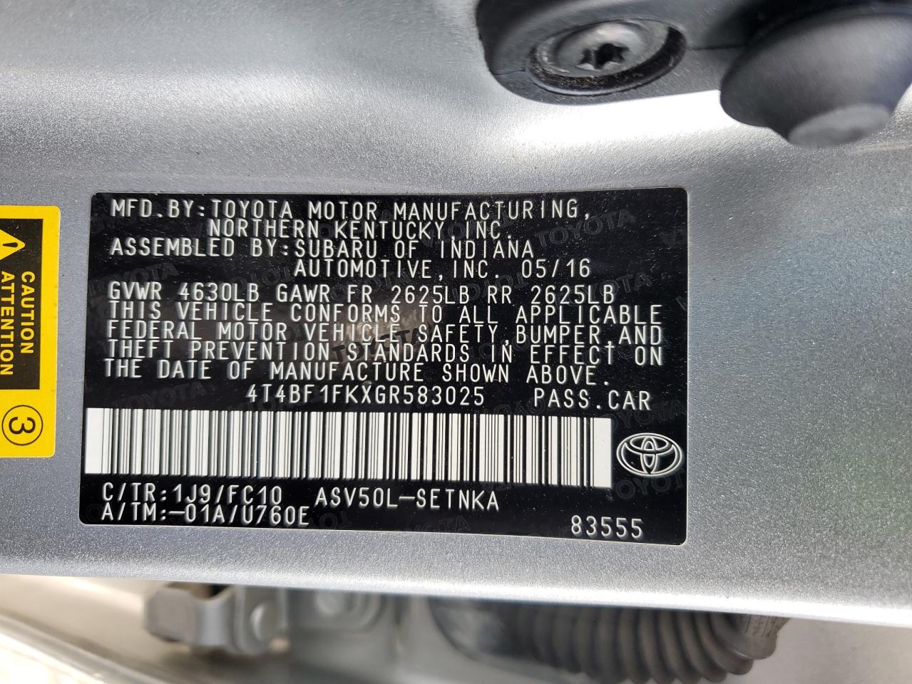 4T4BF1FKXGR583025 2016 Toyota Camry Le