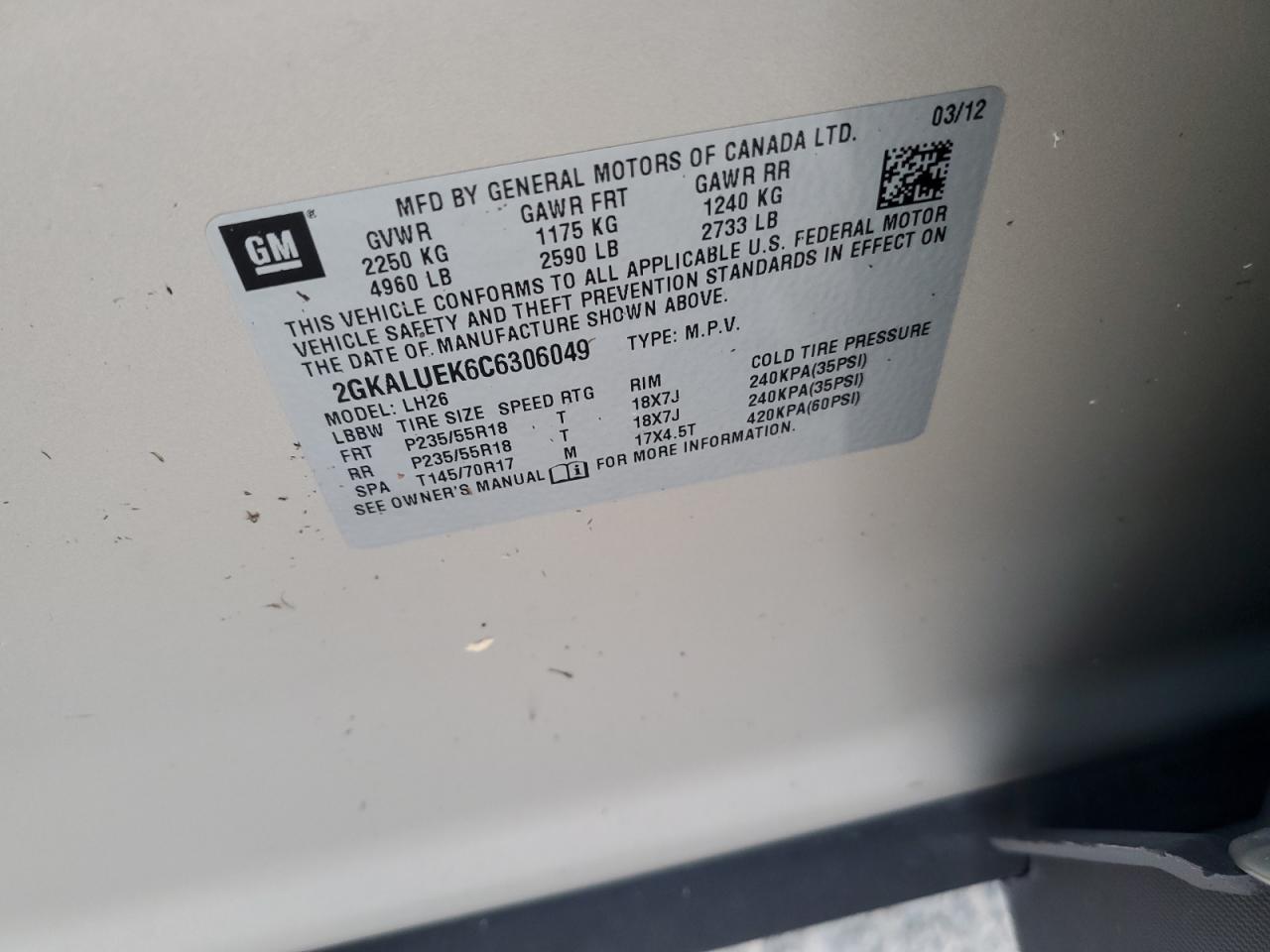 2012 GMC Terrain Slt VIN: 2GKALUEK6C6306049 Lot: 77703064