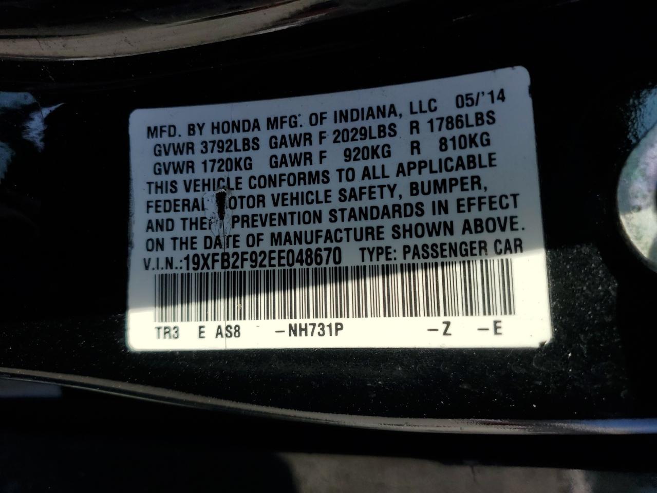 19XFB2F92EE048670 2014 Honda Civic Exl