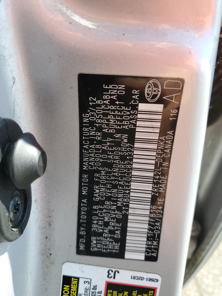 2012 Toyota Corolla Base VIN: 2T1BU4EE0CC821327 Lot: 75928914