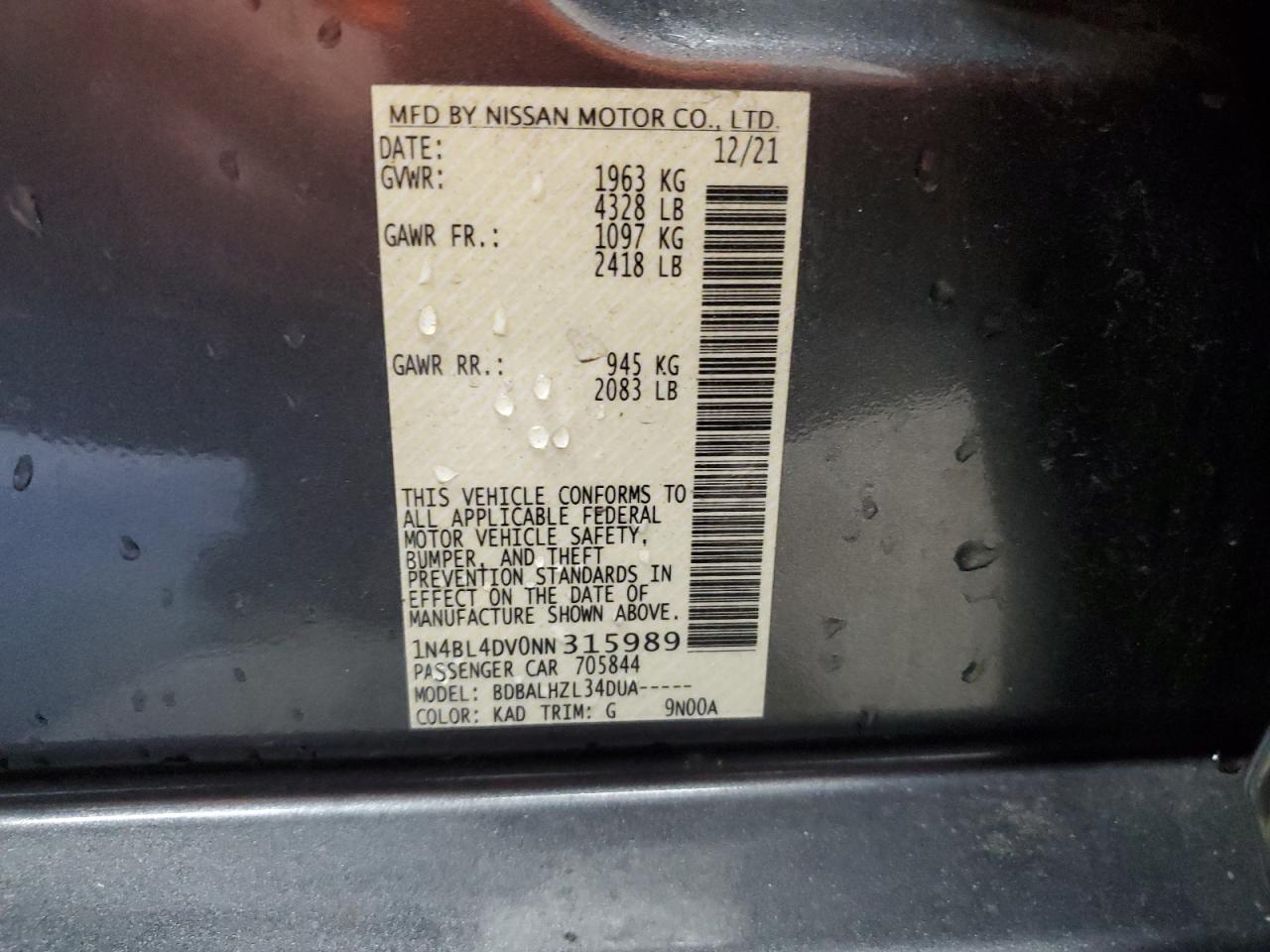 1N4BL4DV0NN315989 2022 Nissan Altima Sv