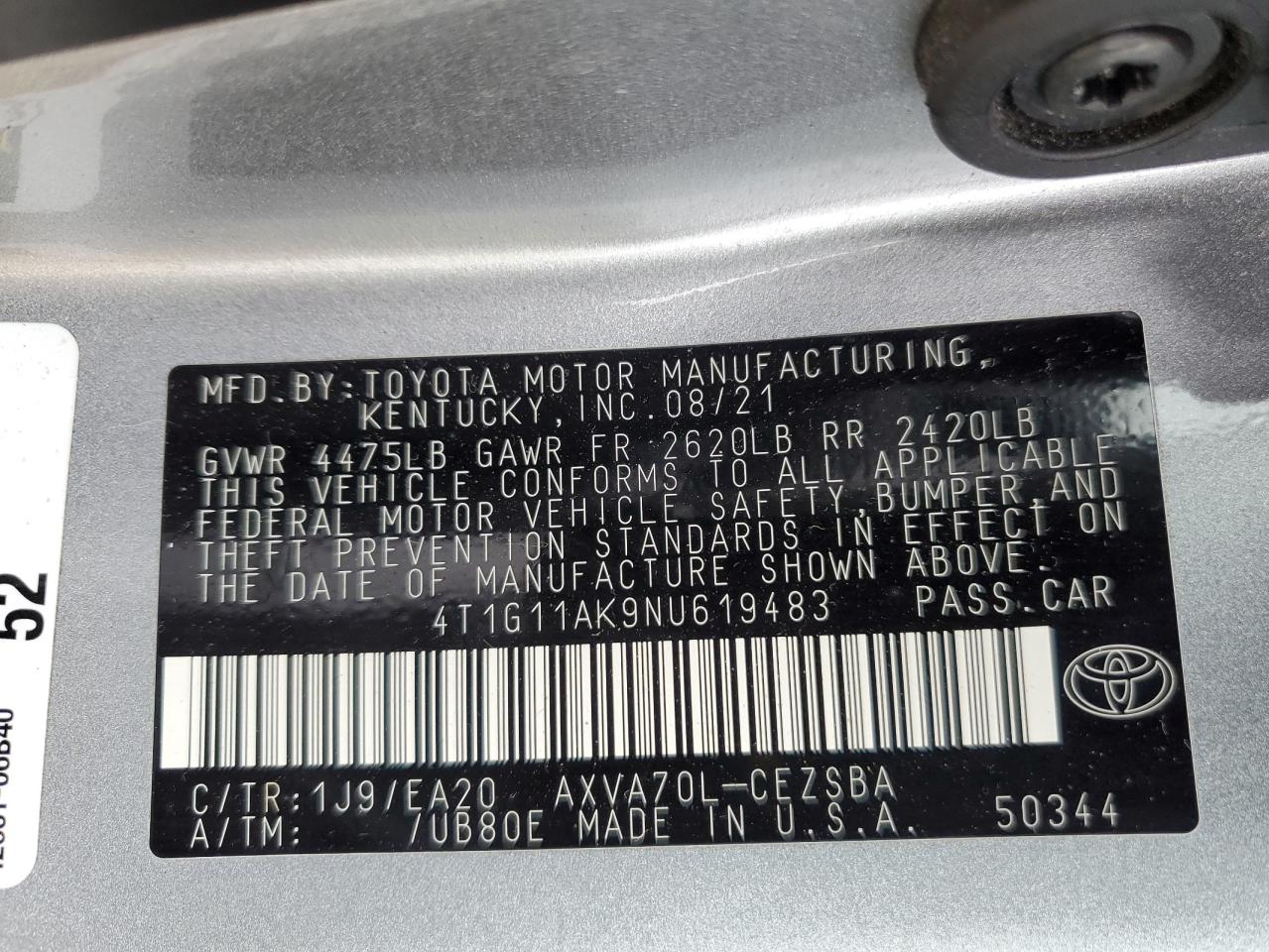 4T1G11AK9NU619483 2022 Toyota Camry Se