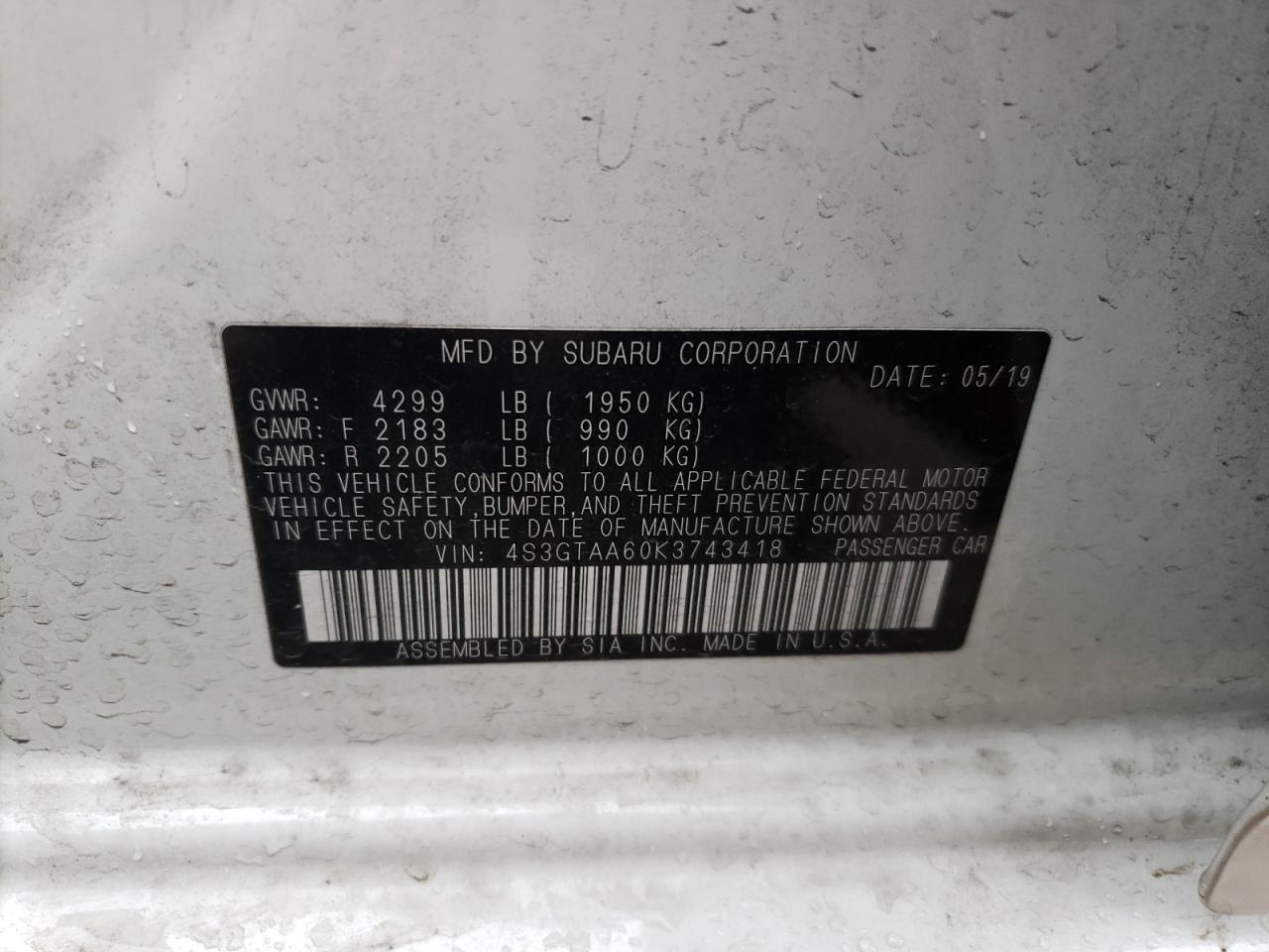 4S3GTAA60K3743418 2019 Subaru Impreza