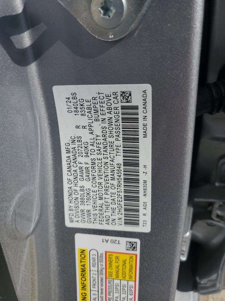 2024 Honda Civic Sport VIN: 2HGFE2F57RH545648 Lot: 77274264